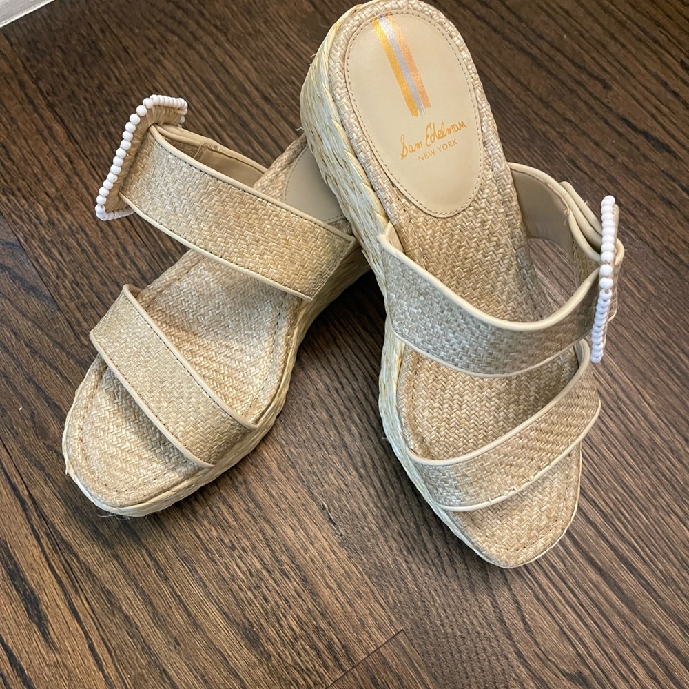 Sam Edelman Beige Woven Espadrille Wedge Sandals
